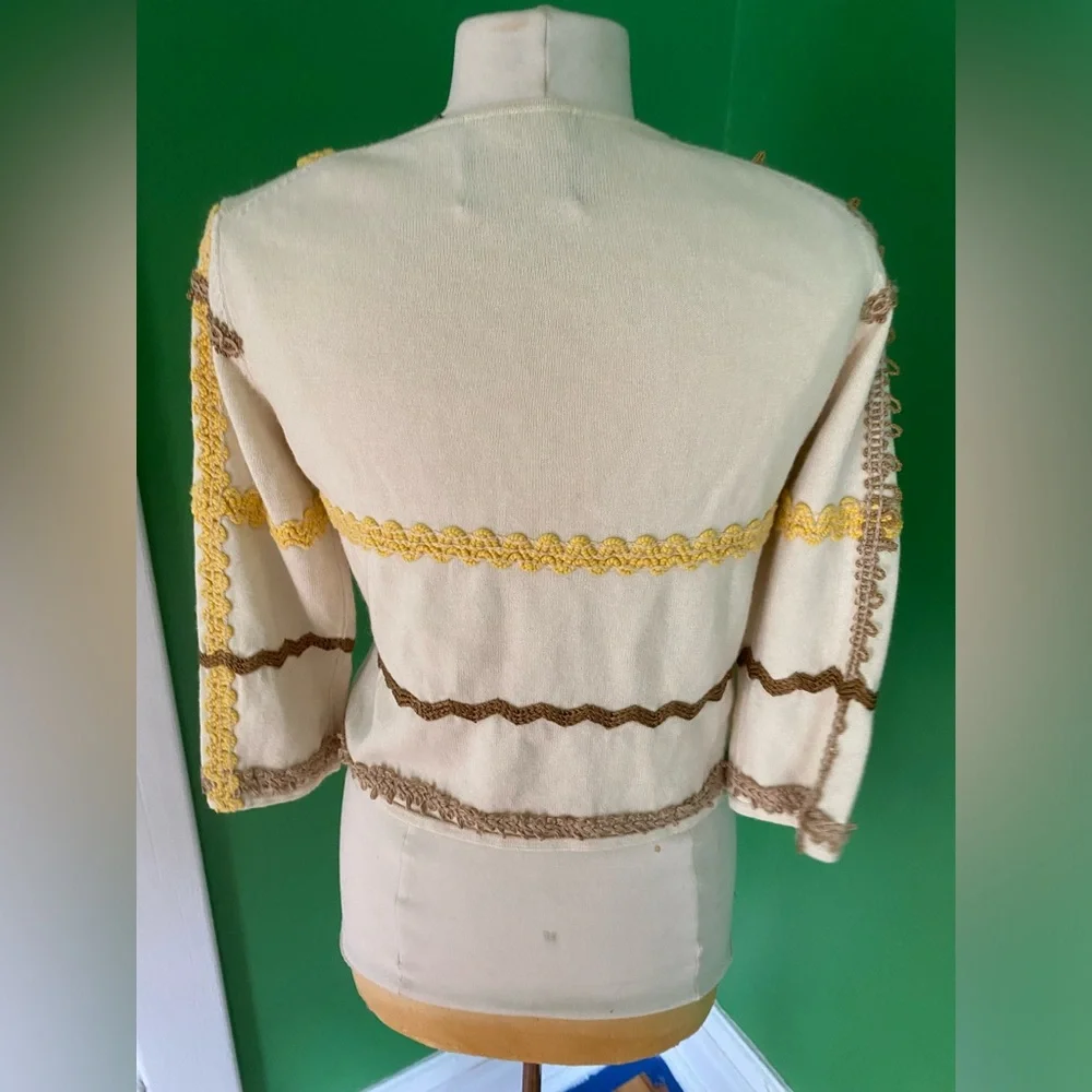 Vintage 90s Michael Simon Cream Knit Button-Front Jacket Yellow & Brown Trim